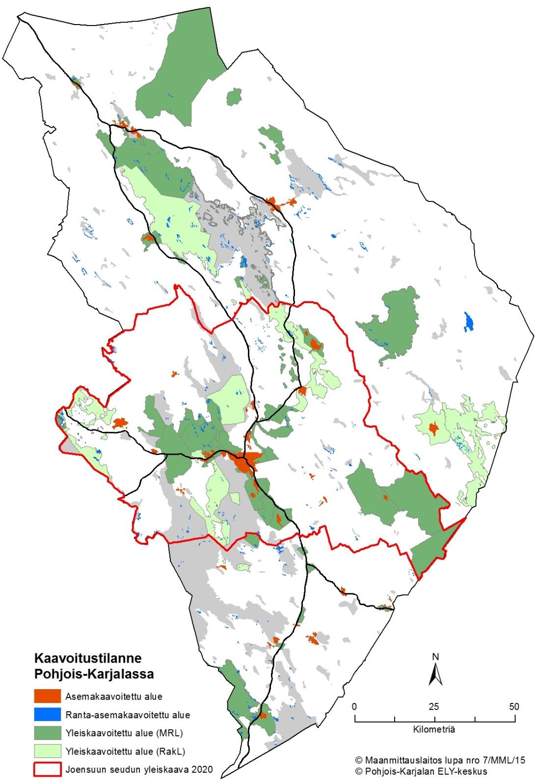 Pohjois-Karjalan kaavoitustilanne 06/2015 Pohjois-Karjalassa on voimassa 116 lainvoiman saanutta yleiskaavaa. Näistä yleiskaavan muutoskaavoja on 42 kpl.