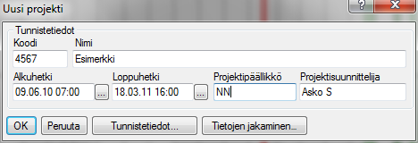 PlaNet+ ohje sivu: 3 (16) copyright: 9.6.2010 Projektin perustietojen määrittely Projektin perustietojen määrittely tapahtuu Projekti-valikko -> Projektitiedotikkunassa.