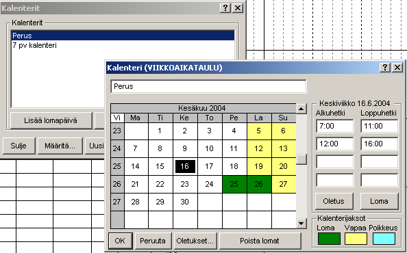 PlaNet+ ohje sivu: 6 (16) copyright: 9.6.2010 Kalenterin muutokset Normaalissa Perus-kalenterissa päivät ovat pituudeltaan 8.00-16.00. Arkipyhä eli loma näkyy vihreällä.