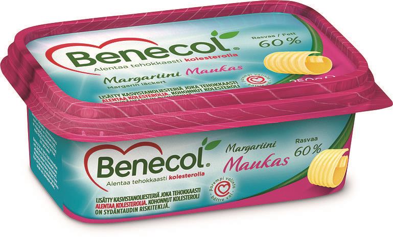 Benecol Margariini Maukas 60 % 250 g Runsasrasvainen vaihtoehto pienessä rasiassa Sopii leivälle ja ruoanlaittoon Erinomainen rasvakoostumus: 80 % rasvasta pehmeää, tyydyttymätöntä rasvaa Päivän