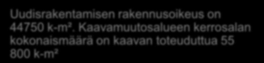 95 500 m² (53%) 84 000m² (47%) Uudisrakentamisen rakennusoikeus on 44750 k-m².