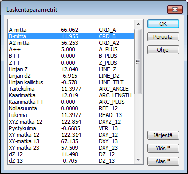 Käyttäjän editoitavissa olevien kenttien arvot tai Z-koordinaatti voidaan myös lukita vakioiksi nimen ja arvon välissä olevalla rastilla.
