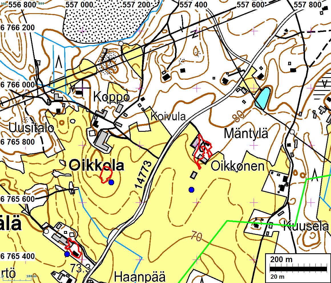 13 Isojaon aikaiset tonttialueet on merkitty punaisella viivalla. Itäisin tontti on Oikkolan kylän Oikkosen talon tontti. Lännempänä olevat tontit kuuluvat Yllikkälän kylään.