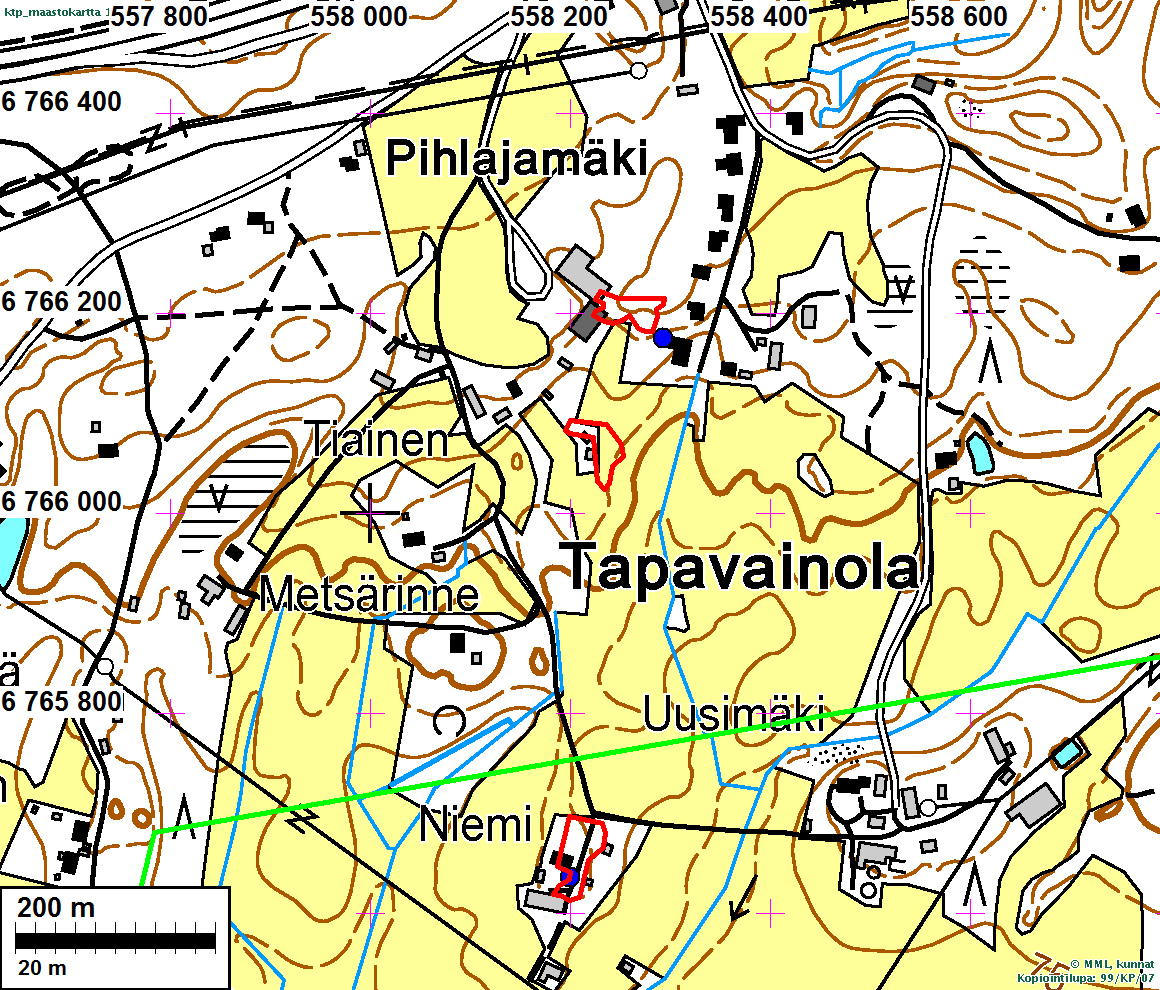15 Tapavainolan kylän isojaon aikaiset tonttialueet on merkitty punaisella viivalla. Tontit ovat ylhäältä alas Tiaisen maalla olleet kaksi tonttia (A ja B) sekä Lohkon tontti (tontti C).