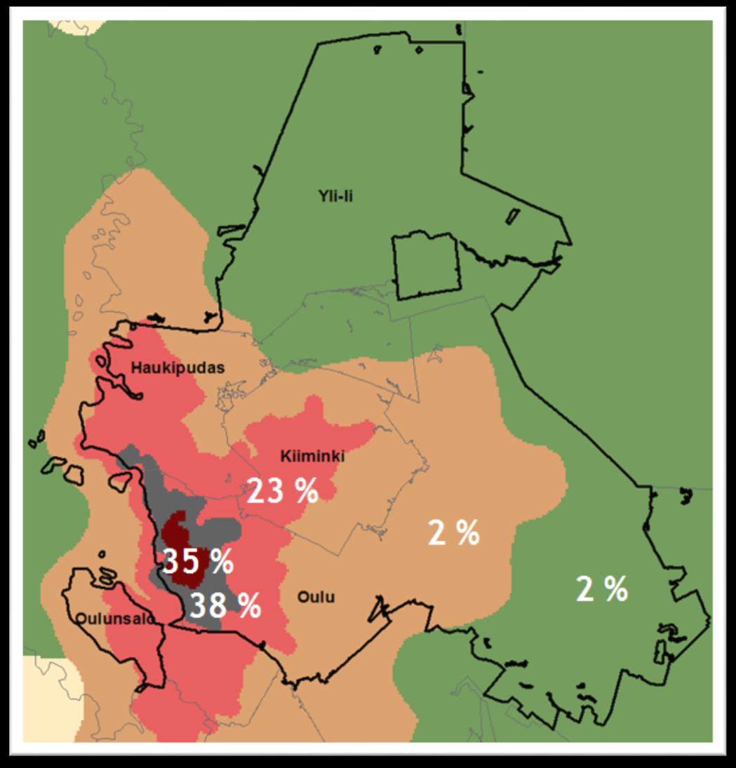 Alueiden erilaisuus pitää tunnistaa Oulun kaupungin pinta-alasta peräti 81 % on maaseutua 49 % harvaan asuttua maaseutua 32 % kaupunkien läheistä