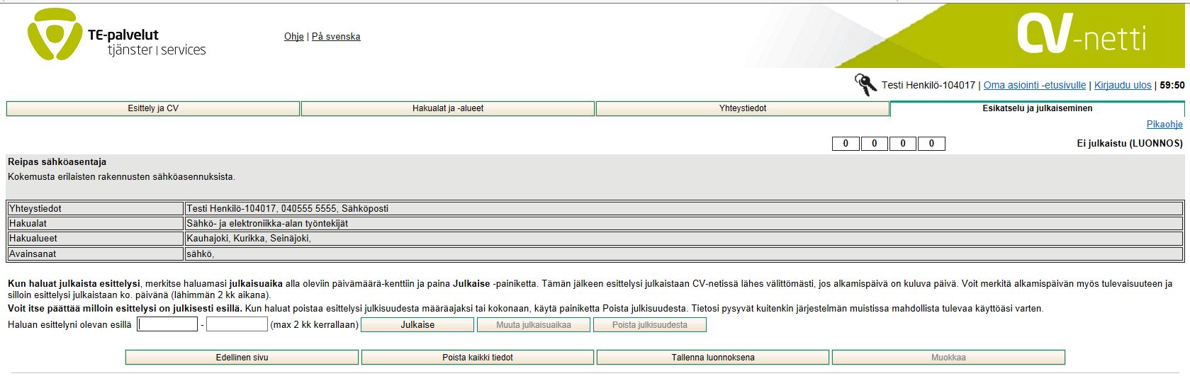 Esikatselu ja julkaiseminen sivulla voit tarkastaa miltä tekemäsi esittely näyttää julkaistuna.