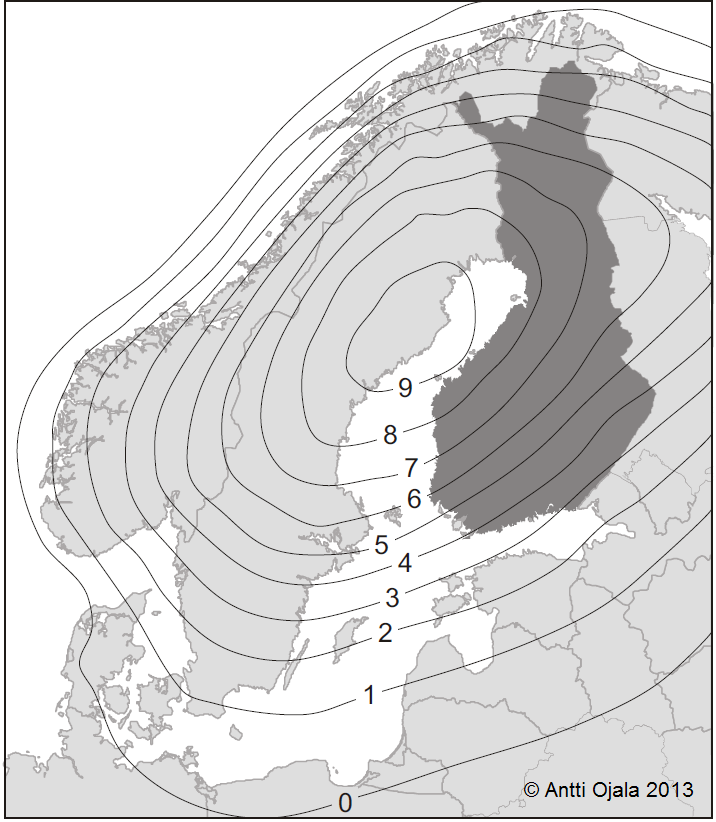 14 Jääkauden aikana Suomea peitti 2 3 km paksu jäätikkö (Andersen 1981, Peltier 1994, Siegert et al. 2001), joka painoi Fennoskandian kilpeä.