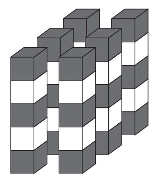 sivu 4 / 8 7. Valkoisista ja harmaista kuutioista rakennetaan kuusi tornia, kuten kuvassa. Jokaisessa tornissa on viisi kuutioita. Samanväriset kuutiot eivät kosketa toisiaan.