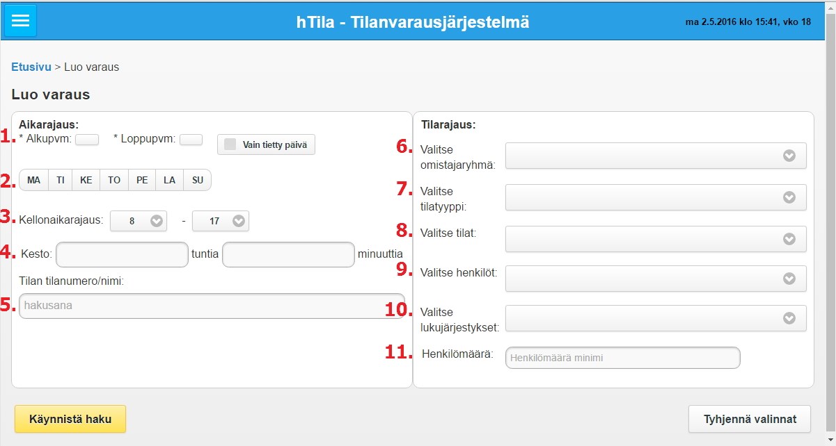 Varauksen Luonti Varauksen luominen aloitetaan vapaiden tilojen haulla ja tekemällä tarvittavat tilavaraukset varaukseen (kts.