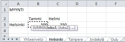 40 (53) Kolmiulotteinen kaava 1. Valitse Yhteenveto-taulukon Tammikuun alapuolella oleva solu 2. Valitse Summa-funktio 3. Napsauta Helsinki-laskentataulukkoa 4.