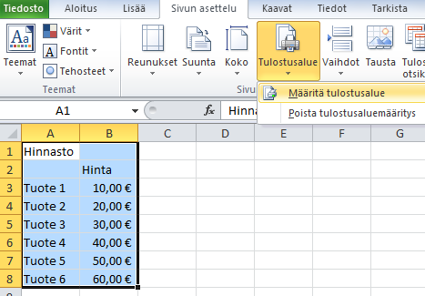 46 (53) 15.5 Tulostusalueet Excelissä voi määritellä, mikä alue tulostuu valitsemalla tulostusalue.
