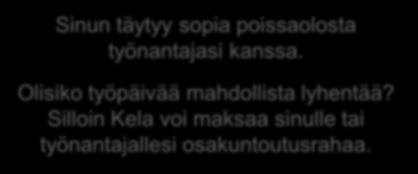 Työpäivän lyhentämisestä sovitaan työnantajan kanssa Minulla alkaa ensi viikolla se Kelan kurssi. Voinkohan olla poissa töistä?