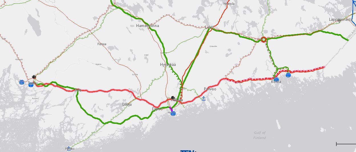 TEN-T ydinverkko ja kattava verkko Etelä- Suomessa Kouvola Turku 3 HaminaKotka Turku/Naantali E18 1 Helsinki- Vantaa 2 Sköldvik Nro Hanke 1 Tunnin juna;