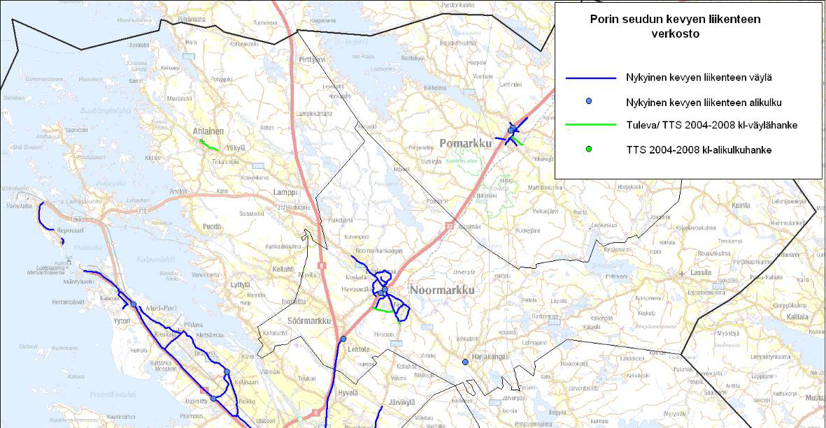PORIN SEUDUN LIIKENNEJÄRJESTELMÄSUUNNITELMA 29 KÄVELY JA PYÖRÄILY LIIKENNEJÄRJESTELMÄN OSANA Kuva 2.13 Porin seudun kevyen liikenteen verkko ja alikulut. (Porin keskusta-alueen väylästö ks.