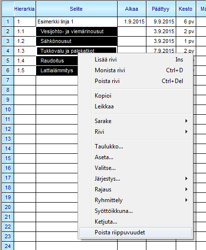 Liite 5 9 (23) Tehtävien aloituspäivämäärät saadaan näkyviin kun poistetaan tehtävien ketjutus. Maalataan ensin kaikki tehtävät.