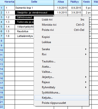 Liite 5 14 (23) Valinnan jälkeen hiiri viedään uudelleen rivin numeron päälle niin, että se muuttuu merkiksi. Painetaan hiiren vasen näppäin pohjaan ja vedetään tehtävä haluttuun paikkaan.