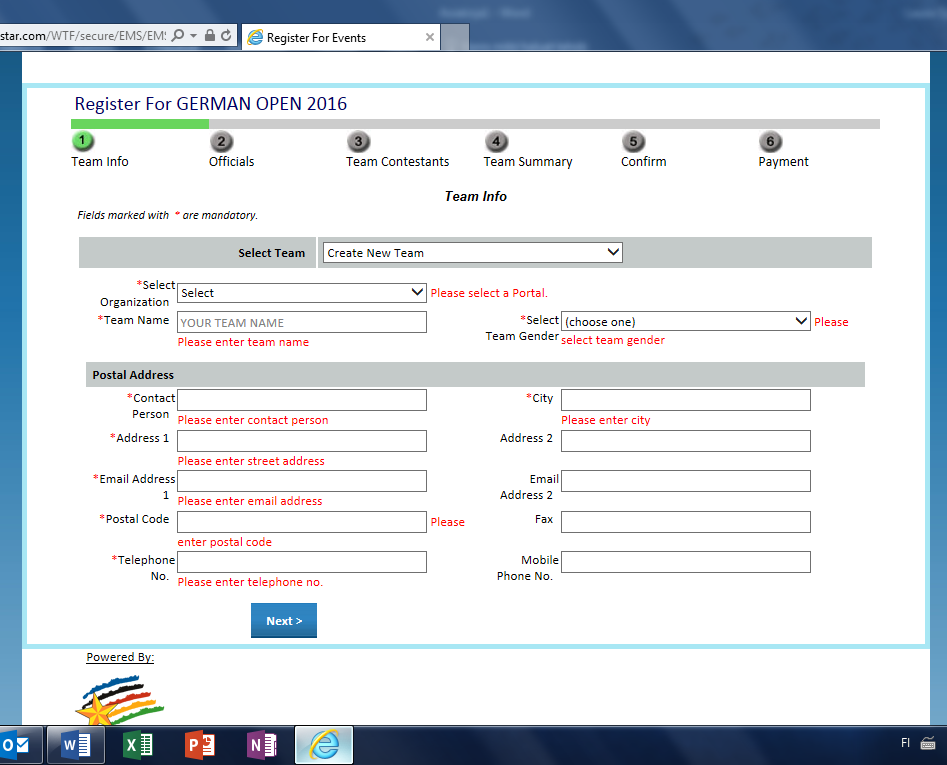 1. Vaihe Team Info Klikkaamalla kilpailun alta Register team avautuu sivu Team Info.