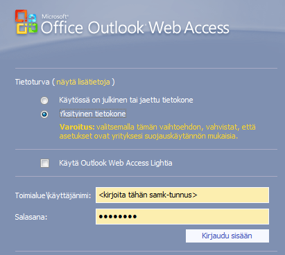 Outlook Web Access 1(7) OUTLOOK WEB ACCESS (OWA) SÄHKÖPOSTIN KÄYTTÖ Pääset OWA-sähköpostiin selaimella (esim. Internet Explorer, Mozilla Firefox).