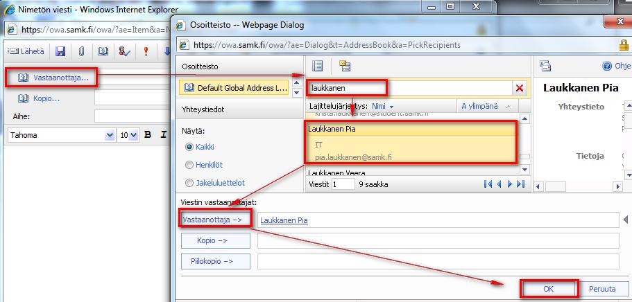 Outlook Web Access 3(7) Sähköpostin lähettäminen ja osoitteiston käyttö 1. Valitse Uusi / Viesti. 2. Kirjoita Vastaanottaja-ruutuun vastaanottajan sähköpostiosoite.