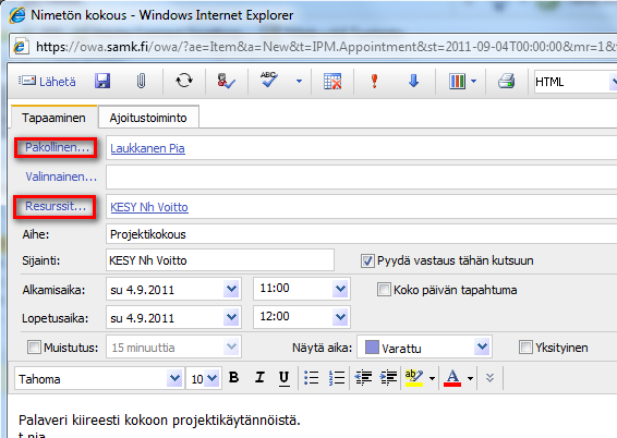 Outlook Web Access 7(7) Kalenterimerkintöjen tekeminen Uusi Tapaaminen eli teet itsellesi esim. tehtävämerkinnän kalenteriin 1. Valitse siirtymisruudusta Kalenteri. 2. Valitse Uusi / Tapaaminen. 3.