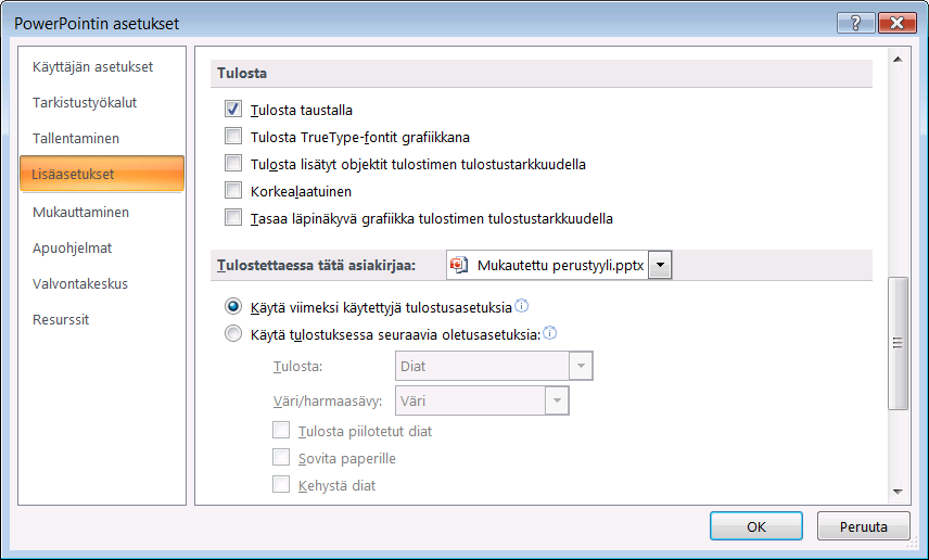 Tulostimen ominaisuudet Tulostimen ominaisuuksiin ja tulostusasetuksiin voit vaikuttaa Office-valikon Tulosta-alivalikon Tulosta-komennolla esiin tulevassa valintaikkunassa.