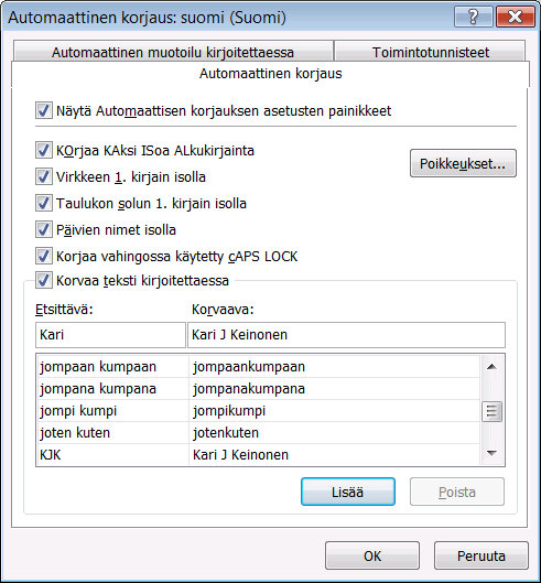 Automaattisen korjauksen asetukset Voit nopeuttaa ja helpottaa esityksen kirjoittamista asettamalla haluamasi automaattiset korjaustoiminnot voimaan.