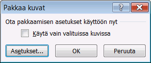 Esityksen ja kuvien tiedostokoon pienentäminen Esityksesi tiedostokoko määräytyy pitkälti sen mukaan, kuinka suuria kuviesi tiedostokoot ovat.