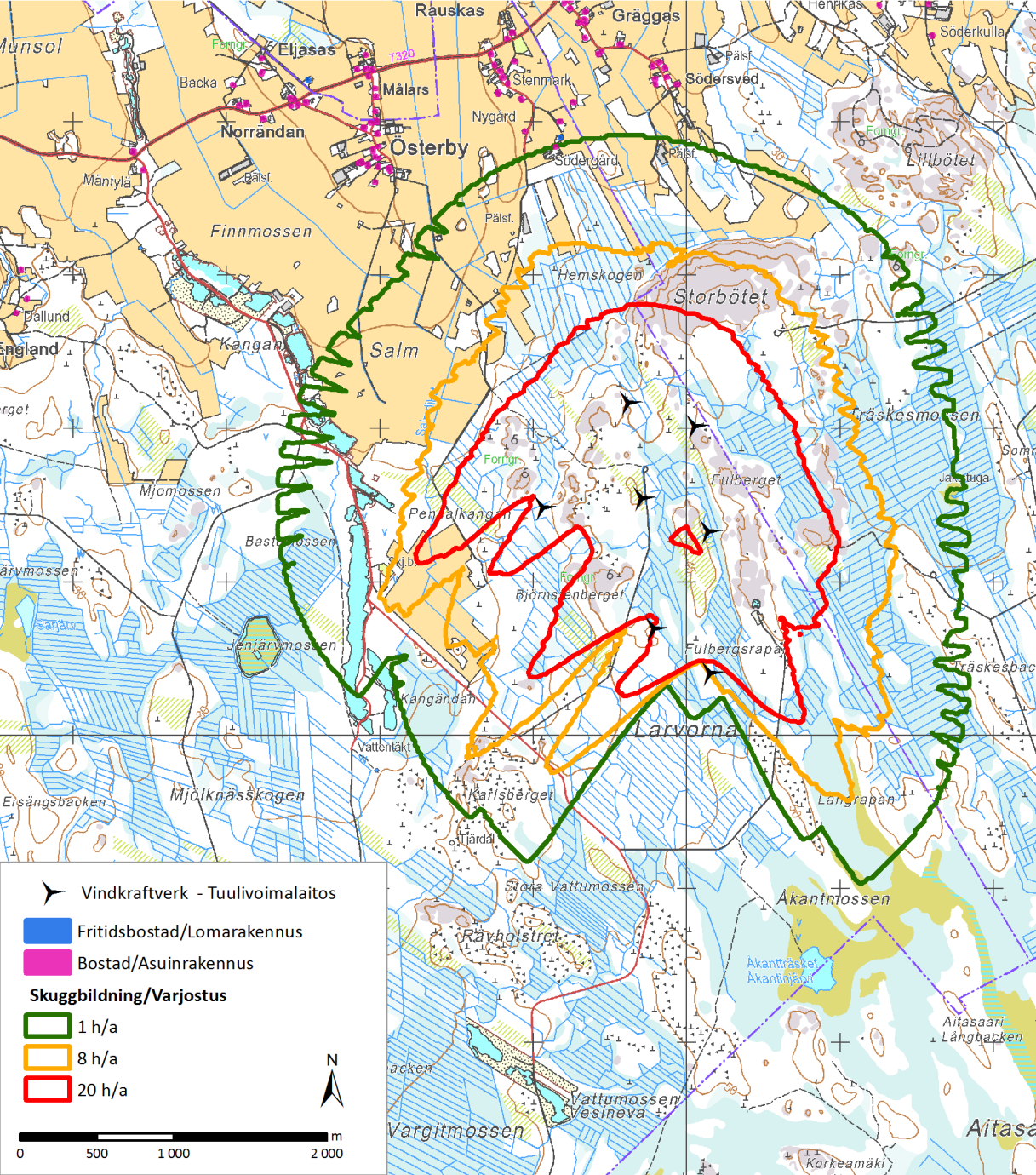 FCG SUUNNITTELU JA TEKNIIKKA OY KAAVASELOSTUS / 45 (79) Kuva 11.2. Varjostuksen leviäminen seitsemällä voimalalla Vöyrissä. Mallinnus ei ota huomioon metsän peittävää vaikutusta.