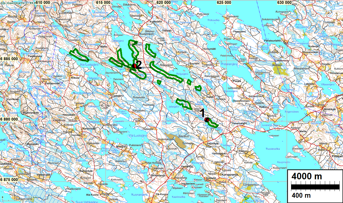 Tutkimusalueen rajaus on vihreällä.