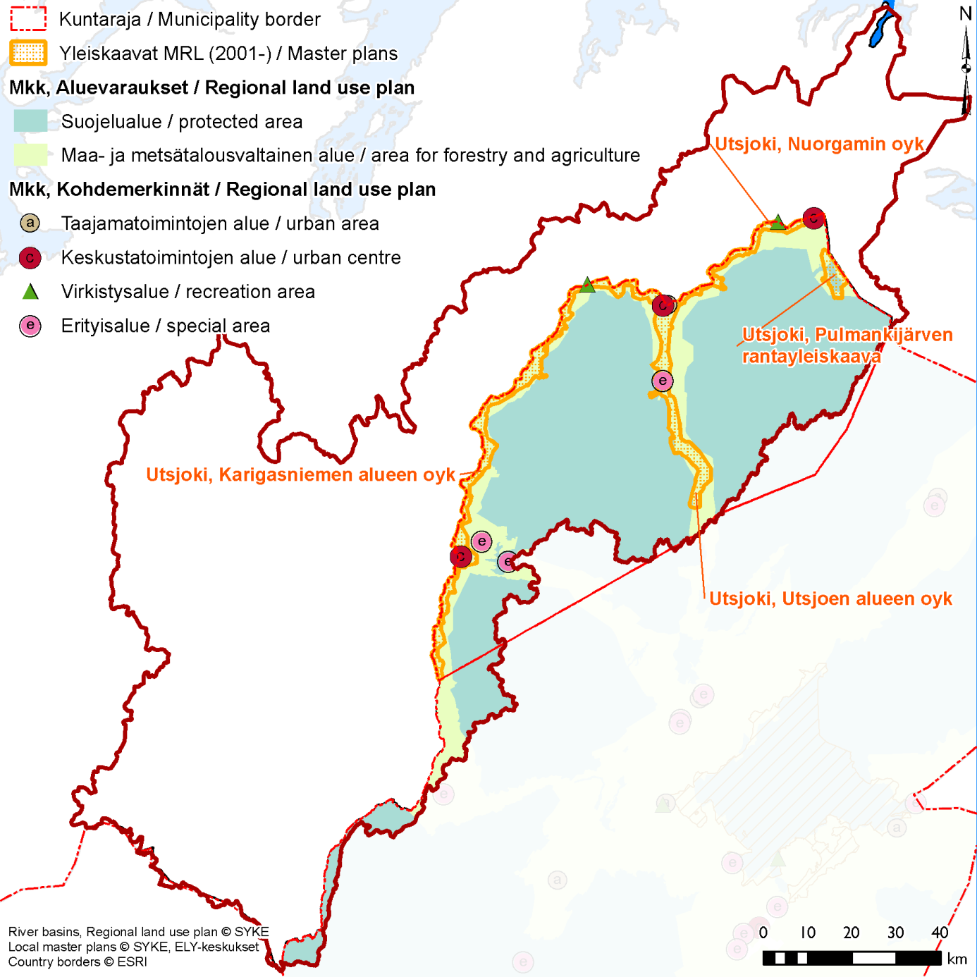 Kuva 10. Kaavoitus Tenon vesistöalueella 2.4 Suojelualueet ja kulttuuriperintö Suomen puolella vesistöalueella on 12 Natura2000 aluetta, joista neljä kuuluu VPD:n suojelualuerekisteriin.