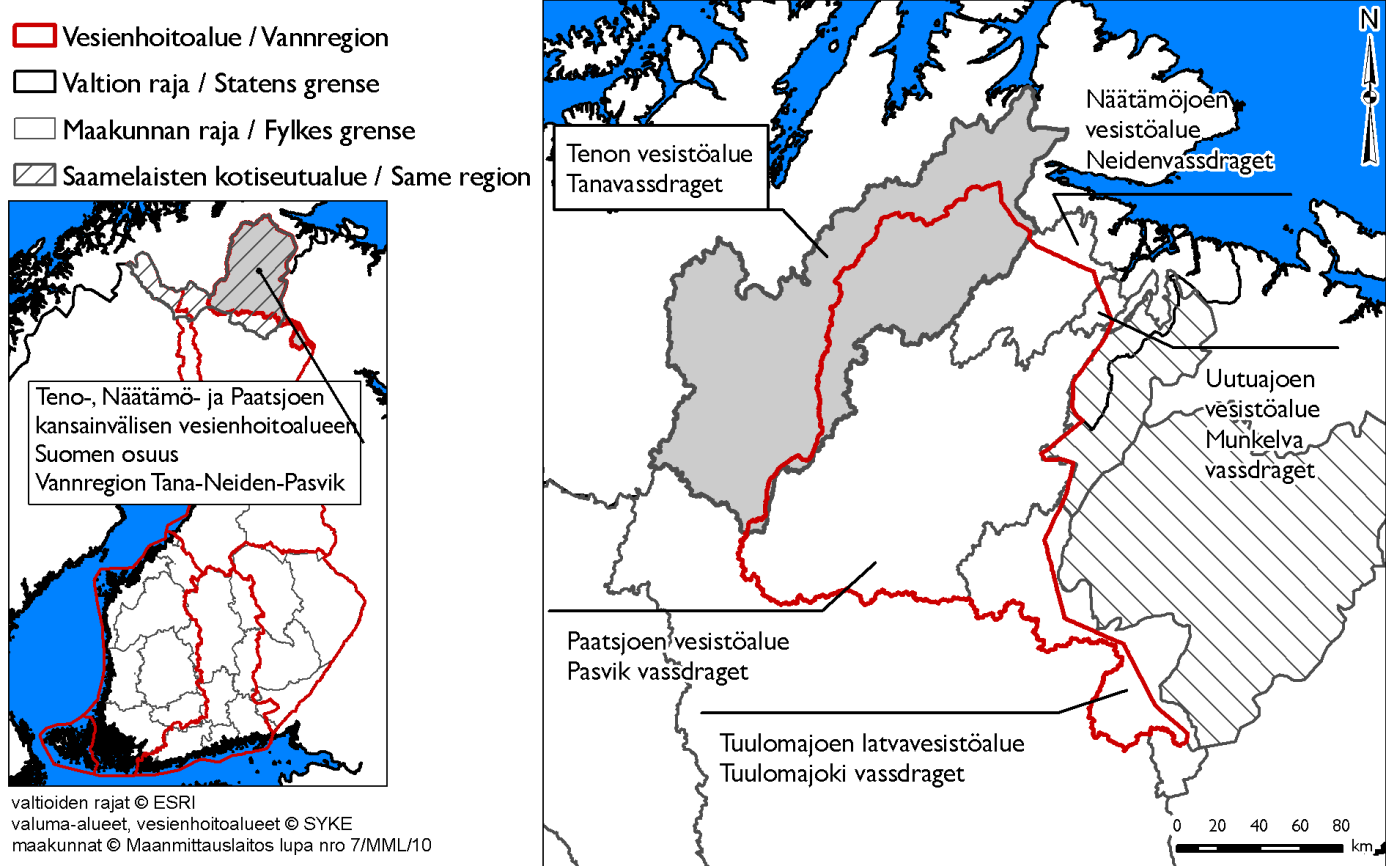 2 Vesistön kuvaus Tenon vesistöalue sijaitsee Suomen puolella Lapin maakunnan pohjoisosassa ja Norjan puolella Finnmarkin läänin keskiosassa (Kuva 1).