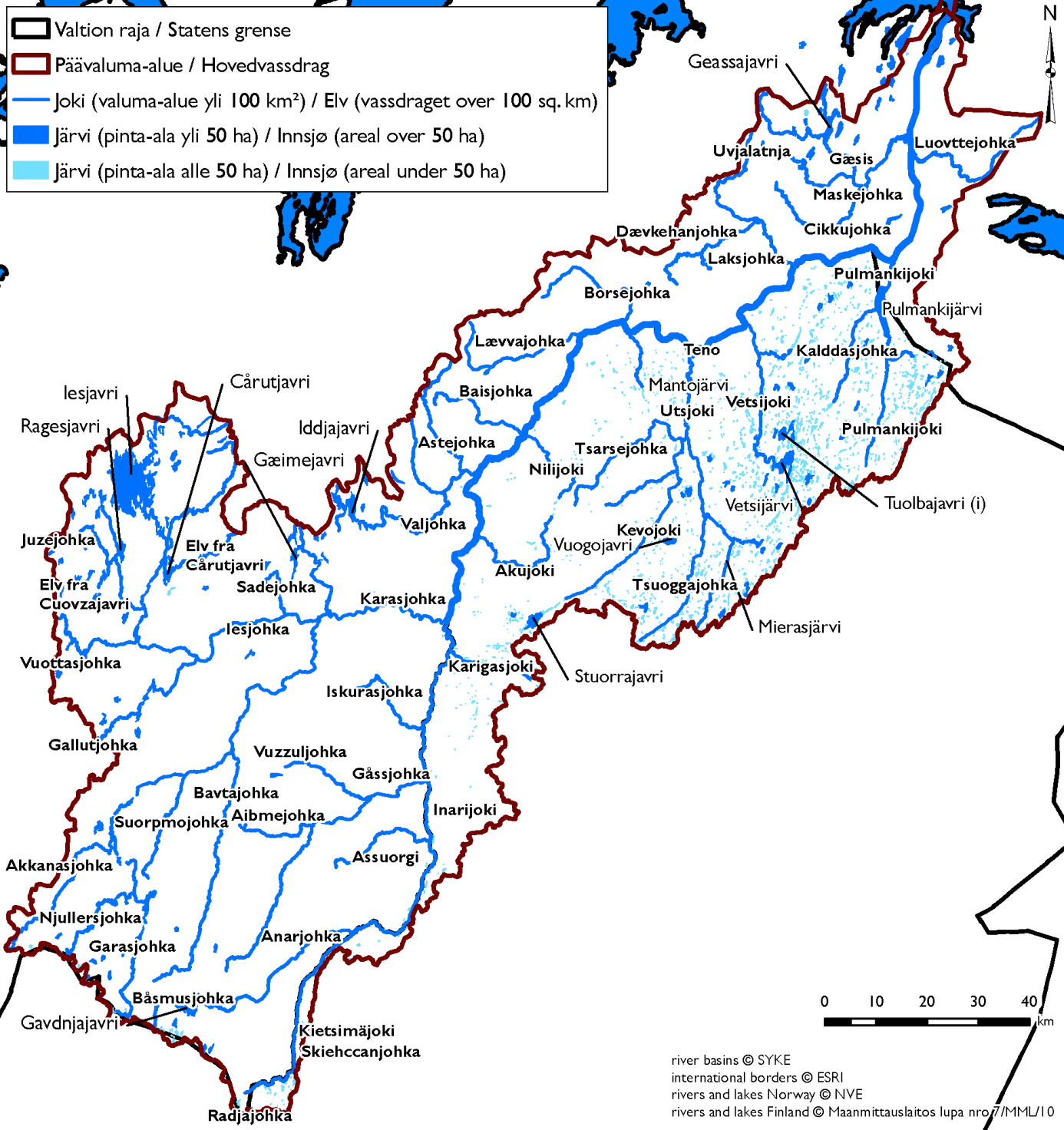 Kuva 2. Vesistöalueen suurimmat järvet ja joet 2.
