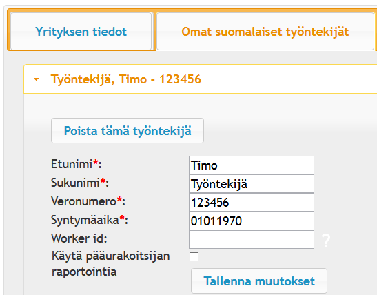3.2 Omat suomalaiset työntekijät Omat suomalaiset työntekijät välilehdellä voidaan lisätä, muokata ja poistaa suomalaisten työntekijöiden tietoja.