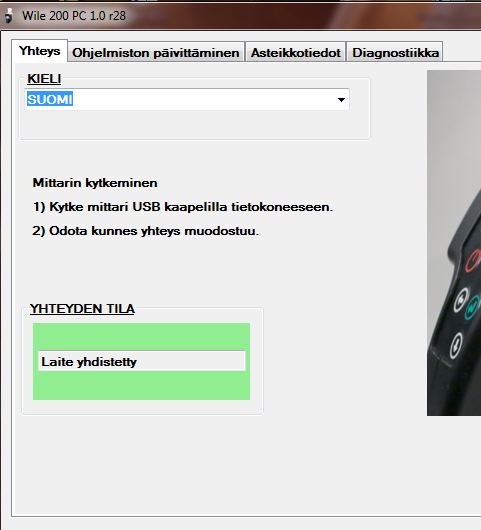 Kuva 13 Ajurin asennus valmis Kuva 14 Ohjelmiston alkunäkymä mittari tunnistettuna Kun tietokone on käynnistynyt uudelleen, paina vielä kerran Asenna ajuri -nappia ja toista aiemmat toimenpiteet.