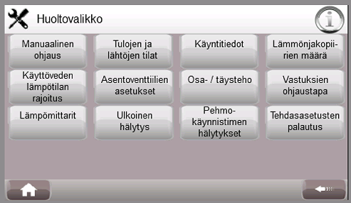 HUOLTO-OPAS 5.4. Huoltotoiminnot HUOM! Huoltovalikkoon pääsy on salasanasuojattu. Huoltovalikkoon pääsy on rajattu Scanvarmin asentajakoulutuksen käyneisiin ja sertifioituihin asentajiin.