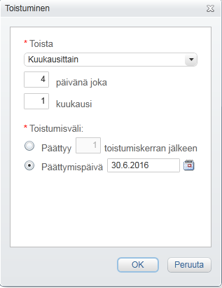 Ostoreskontra P2P (Alusta) Professional-käyttäjän ohjeet Sivu 40 / 63 6.1.4 Laskujen toistuvuus 1. Määrittele maksuaikataulu painamalla Toistuminen -painiketta 2.