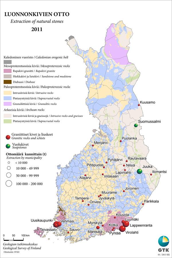 Kuva 1. Luonnonkivien ottoalueet Suomessa (Kiviteollisuusliitto ry, 2015). Luonnonkiviä myös tuodaan Suomeen ja suurin tuontimaa on Kiina (Kuva 2). Kuva 2.