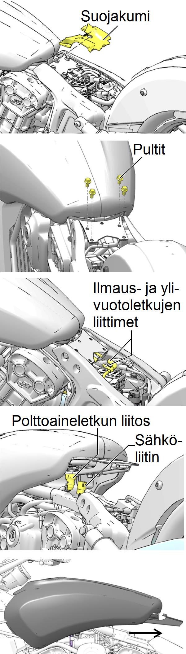 MOOTTORIPYÖRÄN HUOLTO Polttoainetankin irrotus Polttoainetankin irrotus Lue huolellisesti nämä irrotusohjeet kokonaisuudessaan ennen kuin aloitat polttoainetankin irrottamisen.