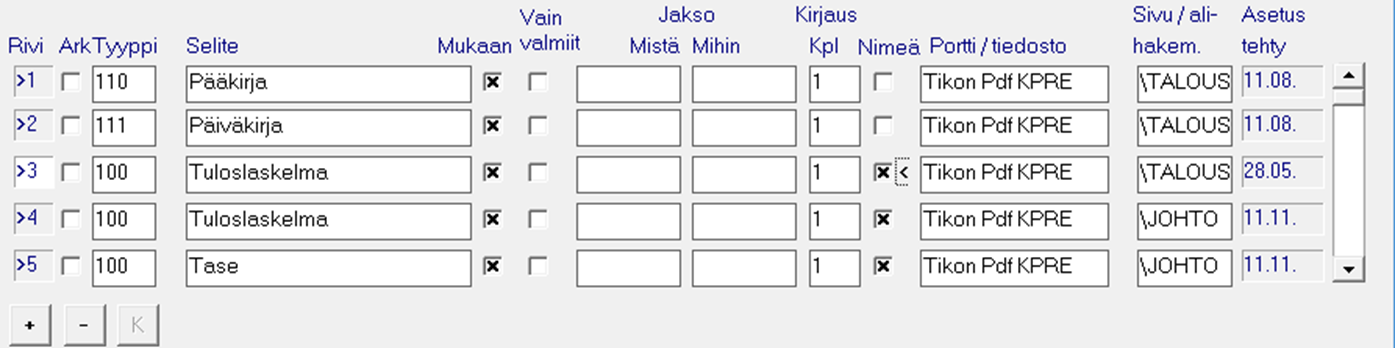 KETJUJONO KIRJANPITO/RESKONTRA Selite Ketjutustyypin nimi, voidaan muuttaa Nimeä Raporttien tiedostonimi muodostuu oletusarvoisesti ko.