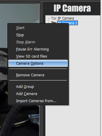 Kameran liittäminen langattomaan WLAN-verkkoon PC-ohjelmassa 1. Klikkaa listasta kameran nimeä hiiren oikealla näppäimellä ja valitse valikosta Camera Options 2. Klikkaa Set WiFi painiketta 3.