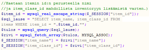 Esineen id:n vastaanottava koodi Ensimmäinen tehtävä oli hakea tietokannasta esineen id:tä vastaavat tiedot: tässä tapauksessa esineen nimi ja class.