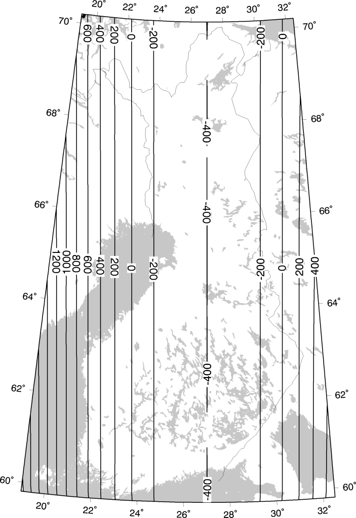 Kuva 4. ETRS-TM35FIN -järjestelmän mittakaavakorjaus. Taulukko 2. Mittakaavakorjaus eri etäisyyksillä keskimeridiaanista.