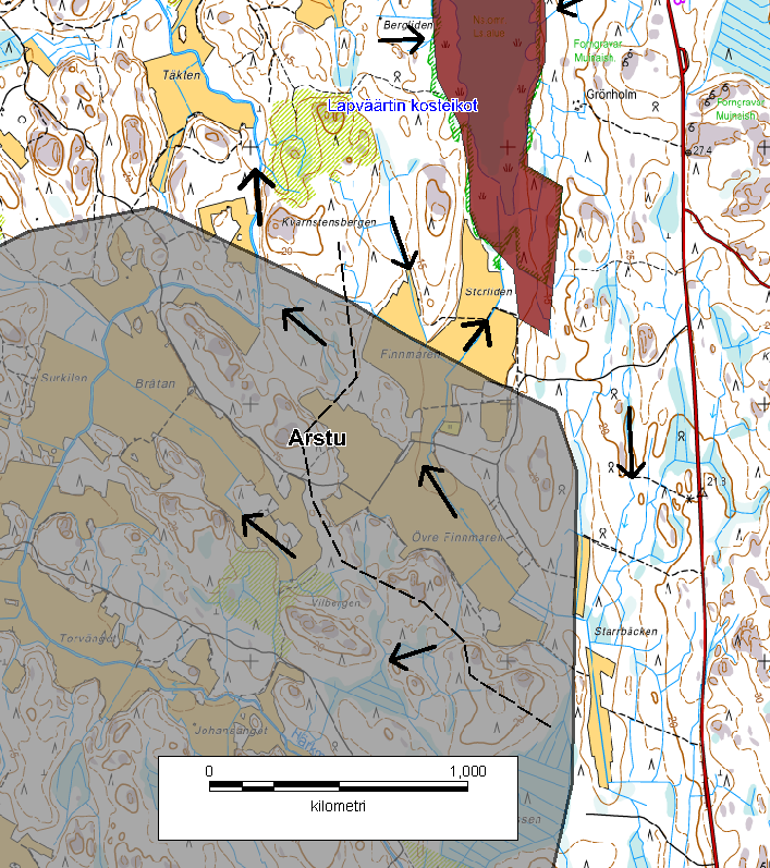 Tarkastelun mukaan tuulivoima-alueista vain Kristiinankaupugin Arstu sijoittuu pieneltä osin Naturaalueen (Lapväärtin kosteikot) valuma-alueelle.
