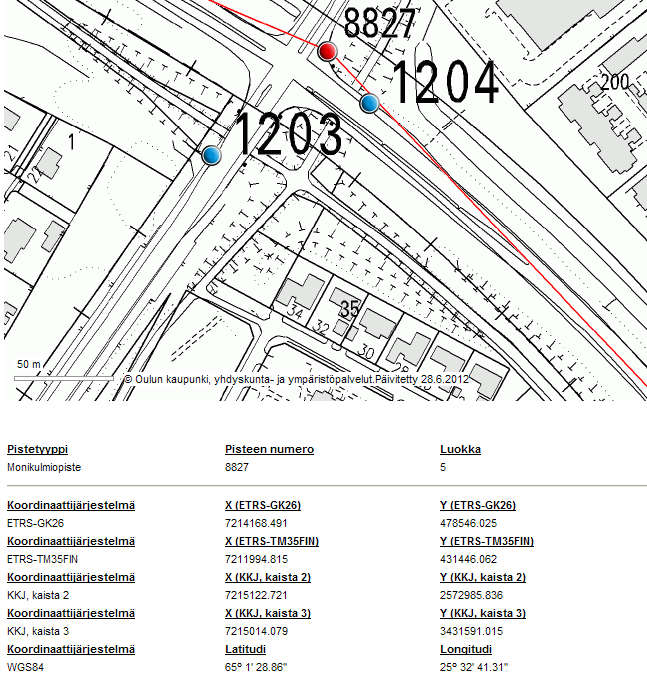 24 Kuvio 7. Internet- karttapalvelu; pisteen 8827 tietoja eri järjestelmissä. Oulun kaupungin alueella on numeerista asemakaavan pohjakarttaa 22 320 hehtaaria, joka on tuotettu pääosin ilmakuvaamalla.