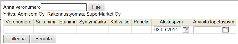 Sivu 5/7 Työntekijän tietojen lisääminen. 3. Paina Tallenna. Henkilön tiedot ilmestyvät näkyviin näytön alaosan riville. 4. Lisää riville työsuhteen laatu sekä työn aloitus- ja arvioitu lopetuspäivä.