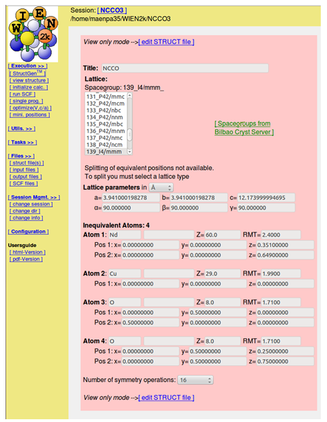 25 Kuva 13. NCCOn rakenteen täyttäminen WIEN 2k:ssa. NCCOn hilassa on kolmea eri alkuainetta, mutta neljän erilaisia atomeita, sillä hilassa on neodyymia, kuparia ja kahdenlaisia happiatomeita.