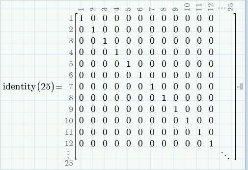 Matriisien esitystapa Käsittelimme aiemmin matriisien määrittelemistä Mathcadissa. Oletusarvoisesti Mathcad esittää pienet matriisit (alle 12 riviä ja saraketta) sulkujen sisällä matriisimuodossa.