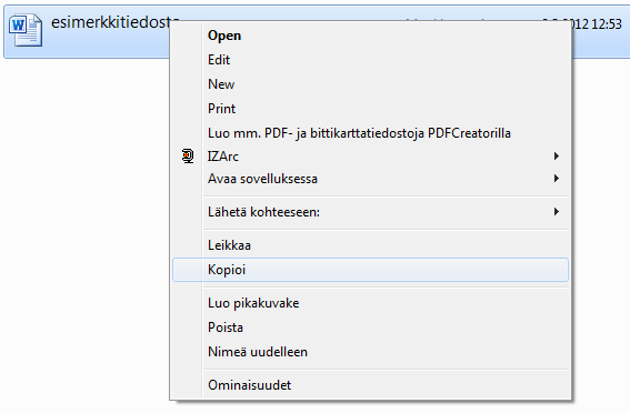 Win7 perustoiminnot Tiedoston kopioiminen Hiiren oikealla näppäimellä