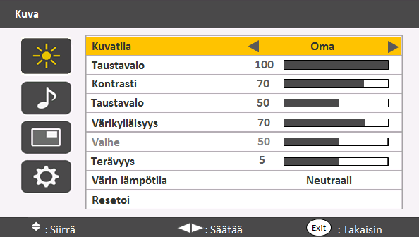 4. Näyttövalikko 15 Kuva valikko Nimi Kuvatila Taustavalo Kontrasti Taustavalo Värikylläisyys Vaihe Terävyys Värin lämpötila Resetoi Kuvaus Asettaa näyttötilan.