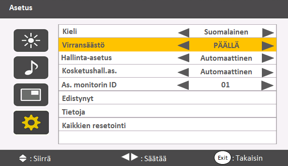 20 4. Näyttövalikko Asetus valikko Kieli Nimi Virransäästö Hallintaasetus Kosketushall.as. Kuvaus Asettaa halutun kielen näyttövalikolle.